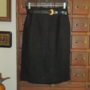 Size 8 Lined Black Rayon Linen Belted Skirt by CW